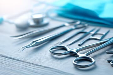 Medical Equipment and Tools for Surgical Procedure on Blue Background