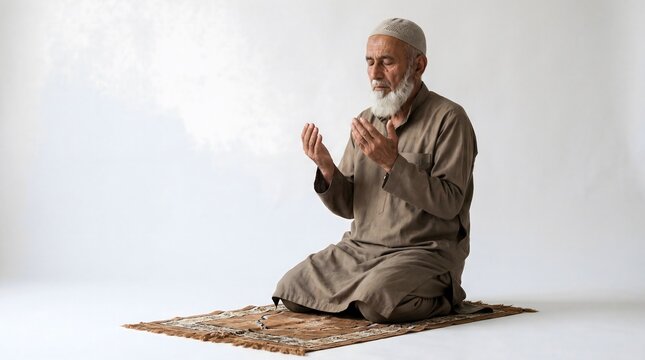 Elderly Muslim man with white beard kneeling on a prayer mat, raising hands in prayer.