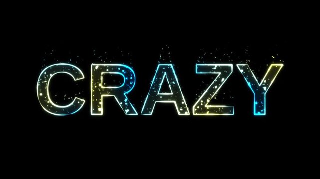 Crazy - text animation in green color, with green liquid bubbles emerging, with random energy flashes around the text
