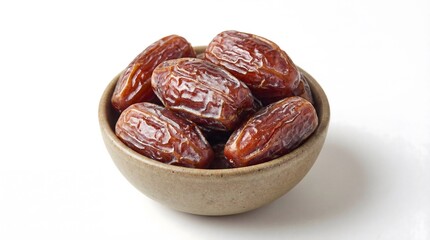 Obraz premium A small ceramic bowl filled with several dried brown dates on a white background.