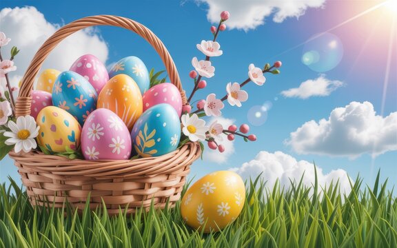 Vibrant easter basket filled with decorated eggs and blossoms under a sunny spring sky