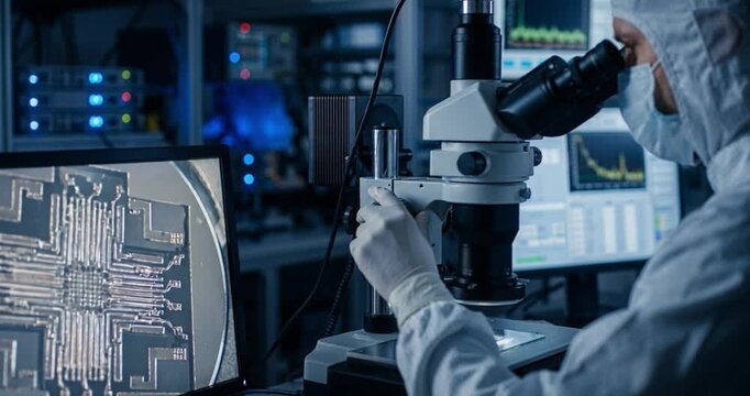 Scientist in protective suit examines microscopic semiconductor circuit