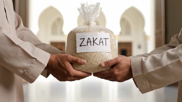Slow Motion Man Giving Zakat Rice in Front of Mosque, Charity Concept 4K