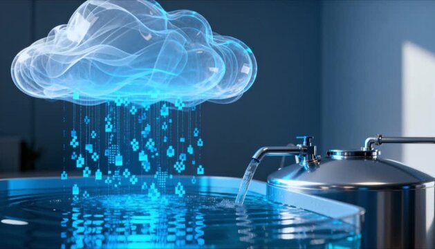 3d digital cloud raining glowing data bits into water tank perfect for world water day