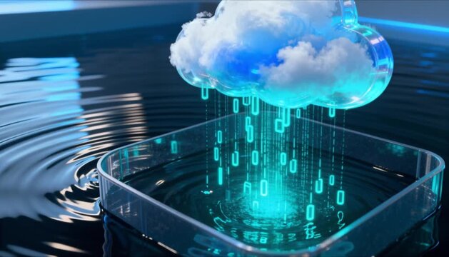 3d digital cloud raining glowing data bits into water tank perfect for world water day