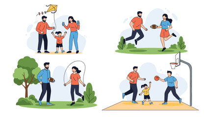 Fototapeta premium Collection of people participating in different sports and outdoor activities like basketball football and kites.