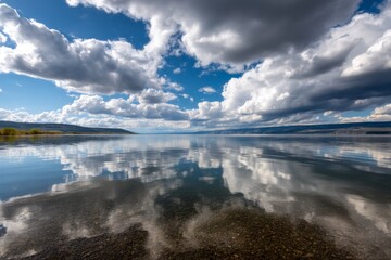 Fototapeta premium Serene Reflection of Sky on Calm Water Surface Under Lush Cloud Formation