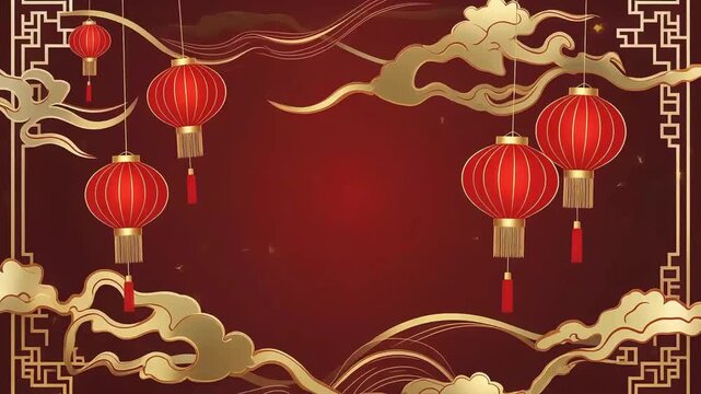 Feature flowing Chinese-style clouds layered in soft gradients of gold and red. Traditional ornaments and patterns appear subtly embossed in the background. Red lanterns float gently