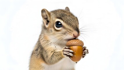 Obraz premium Cute chipmunk with tiny paws holding a fresh acorn. Captured in a delightful close-up against a pristine white studio background, showcasing natural foraging wildlife