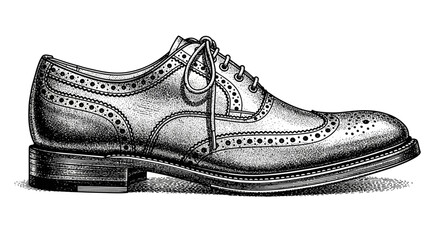 Classic men's wingtip brogue shoe, detailed black and white engraving style illustration of formal leather footwear