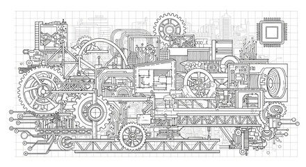 Obraz premium Intricate Mechanical System Blueprint Line Art. Detailed Engineering Machine Design Illustration with Gears, Cogs, Wheels, and Industrial Components.