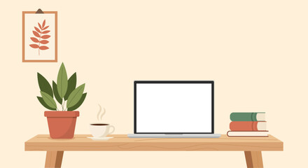 Fototapeta premium Cozy home office setup with laptop, coffee, plant, and books on a wooden desk