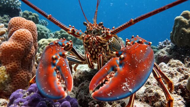 Underwater scene of a vibrant lobster in its natural habitat, showcasing its claws and detailed texture.