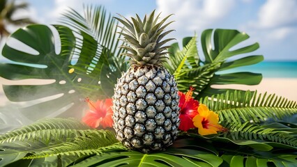 Fototapeta premium A silver glitter pineapple surrounded by tropical monstera leaves and hibiscus flowers on a sunny beach. A vibrant summer and vacation concept image.