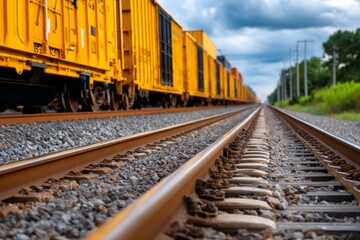 Obraz premium Yellow Cargo Train Cars Resting on an Empty Rail Line Under Cloudy Sky