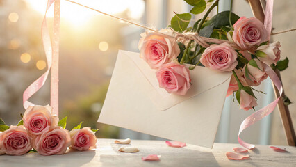 Photorealistic Valentine Blank Card Suspended by Silk Ribbons with Spring Roses
