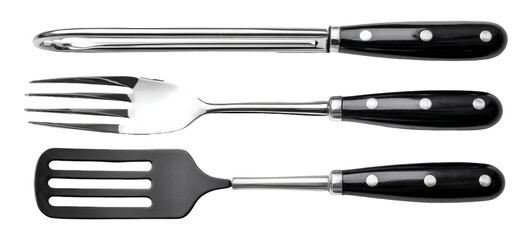 Kitchen Utensils Set with Black Handles and Silver Accents on White Background