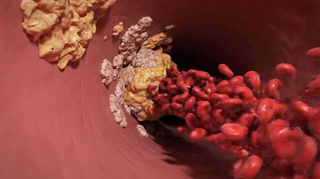 Medical 3D illustration showing carotid artery disease with cholesterol plaque buildup restricting blood flow to the brain causing stroke risk and atherosclerosis vascular pathology.