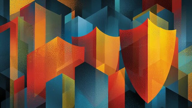 Privacy driven cyber security design, abstract geometric shields and secure zones, clean institutional look, privacy centric cyber design