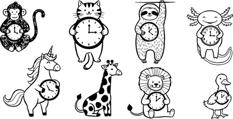 Fototapeta premium Black and white line art of monkey cat sloth axolotl unicorn giraffe lion and duck holding clocks isolated
