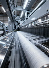 Obraz premium Modern Textile Manufacturing Equipment in Action with Spinning Thread