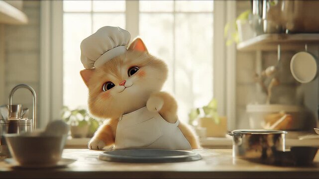 Cute fluffy kitten wearing a chef hat and apron in a sunny kitchen, adorable tiny cook concept. Created with generative AI