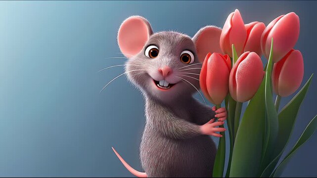Adorable cartoon mouse hugging a bouquet of pink tulips, cute spring concept. Created with generative AI