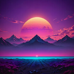 Fototapeta premium Retro Wave Landscape with Pink Sun and Water Reflection