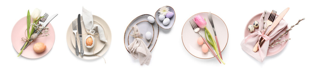 Naklejka premium Different Easter table settings on white background, top view