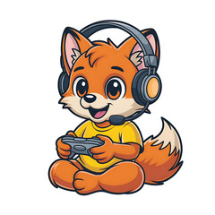 Naklejka premium Cute Fox Cartoon Character Gaming Illustration: Colorful Kid-Friendly Art with Playful Animal Gamer in Fun Digital Vector Design