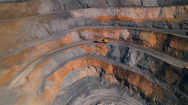 Giant Haul Trucks Ascending Layered Roads in Open Pit Mine Quarry