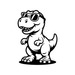 Fototapeta premium Whimsical Cartoon Dinosaur Vector Art: Cute T-Rex with Sunglasses in Kids Modern Black and White Illustration for Funny Character Design