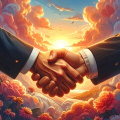 Two people shake hands against a radiant sunrise framed by clouds and flowers in a fantasy, dreamlike world