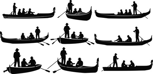 Gondola boat silhouettes with rowers and passengers, water transport scenes, black vector illustration set isolated on white background © Mahabur