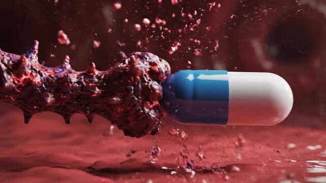 Microscopic 3D illustration of a medicine resistant mutated carcinoma cancer cell aggressively attacking a pharmaceutical pill, representing drug resistance and malignant viral cell mutation
