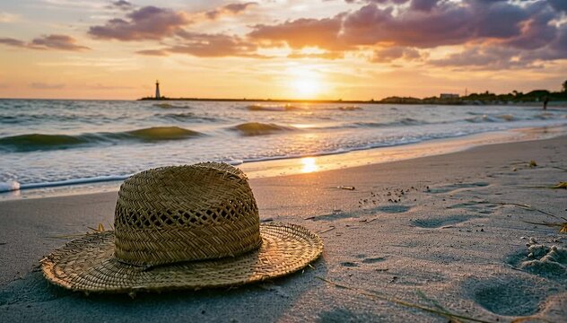Straw hat on sandy beach at sunset with lighthouse view, ocean waves and golden sky beach sunset, sand.
