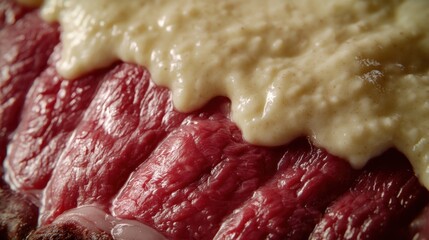 Obraz premium Close-up of Raw Beef with Creamy Sauce, Culinary Texture and Detail
