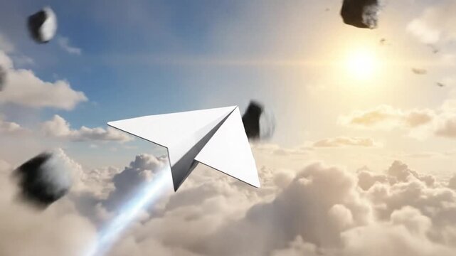 Powerful paper airplane breaking through a solid barrier to represent overcoming obstacles and surmounting difficult challenges for business growth and success achievement concept.