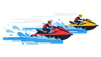 Illustration of two people racing on red and yellow jet skis with motion lines and splashes of water on a white background.