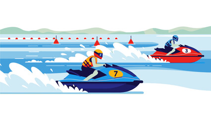 Illustration of two people racing jet skis on a body of water with a course marked by red buoys in the background. © Dodiandi