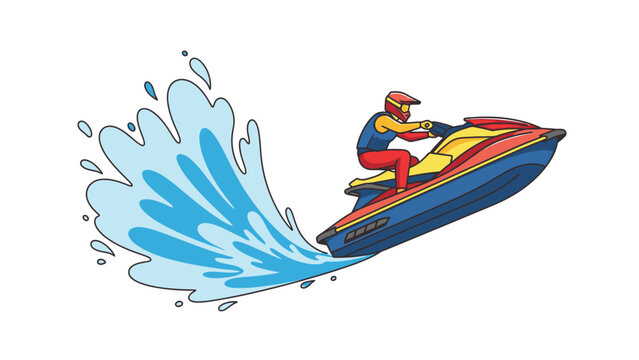 A cartoon illustration of a man riding a racing jet ski with a large splash against a clean white background.