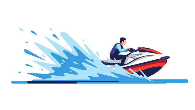 A man riding a red and white jet ski creating a large splash of water while speeding across the ocean on a sunny day with a sense of freedom and exhilaration.