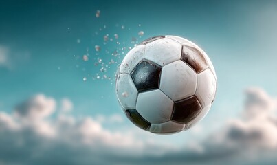 Fototapeta premium Dynamic Soccer Ball in Mid-Air Capture with Bright Summer Vibe Under Clear Sky