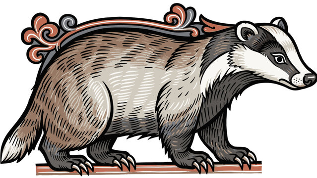 Illustration of a brown and white badger with distinctive facial markings standing on a decorative orange and black design on a white background.