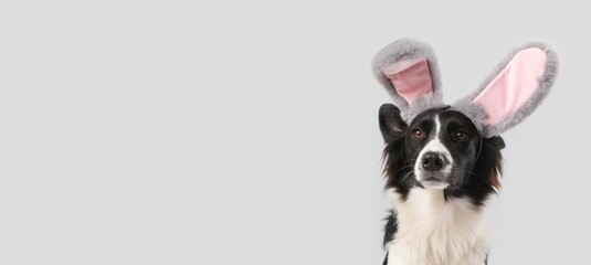 Cute dog wearing Easter bunny ears on grey background with space for text