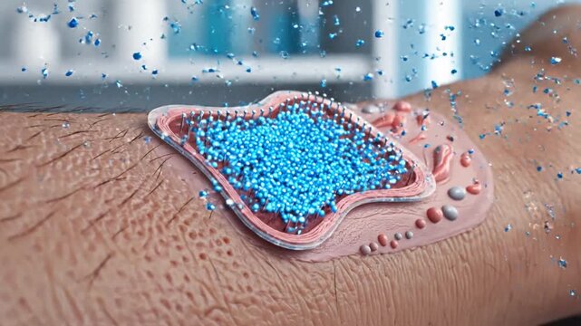 Advanced medical microneedle device for precise transdermal drug delivery and clinical therapy application showing micro needles for painless medicinal treatment technology concept.