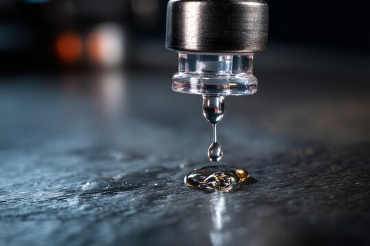 Clear Liquid Droplet Released from Syringe onto Smooth Steel Surface