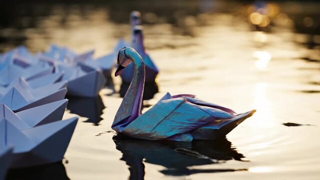 Unique paper boat sailing opposite a fleet of identical craft, symbolizing independent thinking, exceptional leadership, extraordinary skill, and standout creative individuality in water.