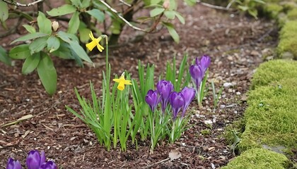 Spring blooms of daffodils and crocuses emerge in a garden setting
