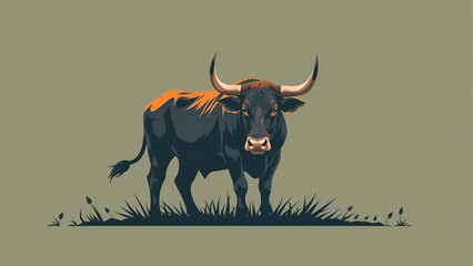 Black Bull Standing in Grass Field Minimalist Animal Illustration